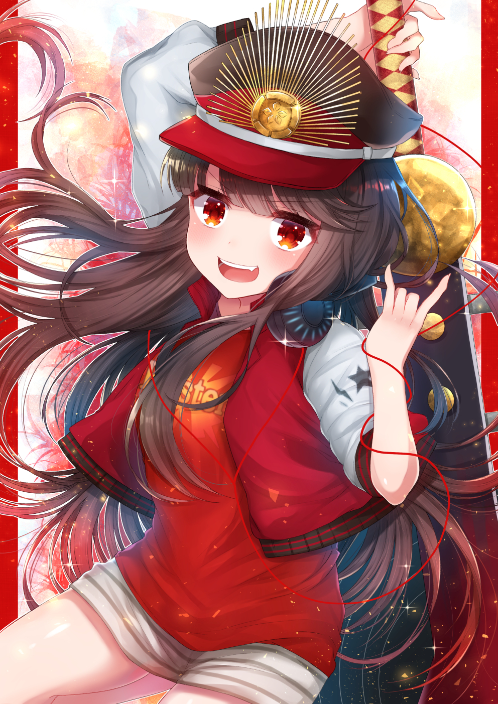 &gt;:d 1girl :d akirannu bangs black_hair blunt_bangs buster_shirt demon_archer family_crest fang fate/grand_order fate_(series) hat headphones headphones_around_neck highres jacket long_hair looking_at_viewer oda_nobunaga_(swimsuit_berserker)_(fate) oda_uri open_mouth peaked_cap red_eyes shorts smile solo sword very_long_hair weapon