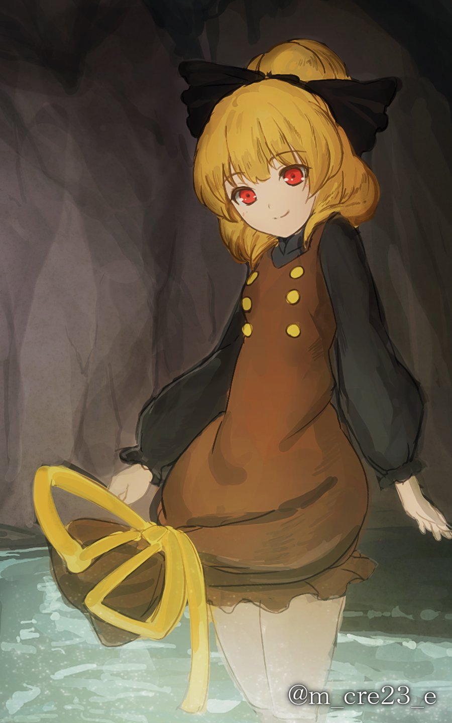 1girl blonde_hair bow cave dress hair_bow highres in_water kurodani_yamame long_sleeves mikami_yuuki_(nl8you) ponytail puffy_long_sleeves puffy_sleeves red_eyes ribbon smile solo tied_dress touhou twitter_username