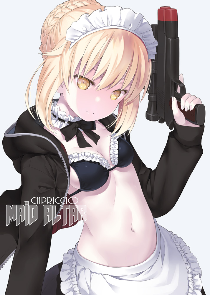 1girl apron artoria_pendragon_(all) bangs bikini bikini_top black_bikini black_bow black_bowtie black_jacket black_ribbon blonde_hair bow bowtie braid breasts capriccio commentary_request cowboy_shot detached_collar fate/grand_order fate_(series) french_braid grey_background gun handgun head_tilt holding holding_gun holding_weapon jacket looking_at_viewer maid_headdress navel open_clothes open_jacket pistol ribbon saber_alter short_hair simple_background small_breasts solo stomach swimsuit text upper_body waist_apron weapon yellow_eyes