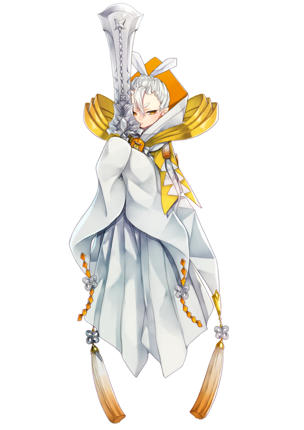 androgynous full_body hair_ornament holding holding_sword holding_weapon kartana kasuka108 looking_at_viewer personification pokemon sword tagme tassel weapon white_hair wide_sleeves yellow_eyes