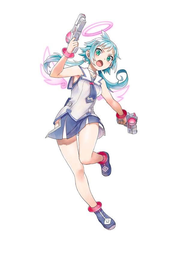 1girl aqua_eyes aqua_hair blaster_master_zero boots dual_wielding ekoro_(galgun) full_body gal_gun gun long_hair neckerchief official_art open_mouth sailor_collar skirt solo standing standing_on_one_leg twintails weapon