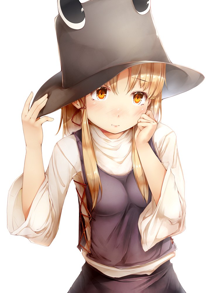 1girl bangs blonde_hair blush breasts closed_mouth commentary_request eyebrows_visible_through_hair hand_on_headwear hands_up hat looking_at_viewer moriya_suwako nose_blush sidelocks simple_background skirt skirt_set small_breasts solo sugiyuu touhou upper_body white_background yellow_eyes