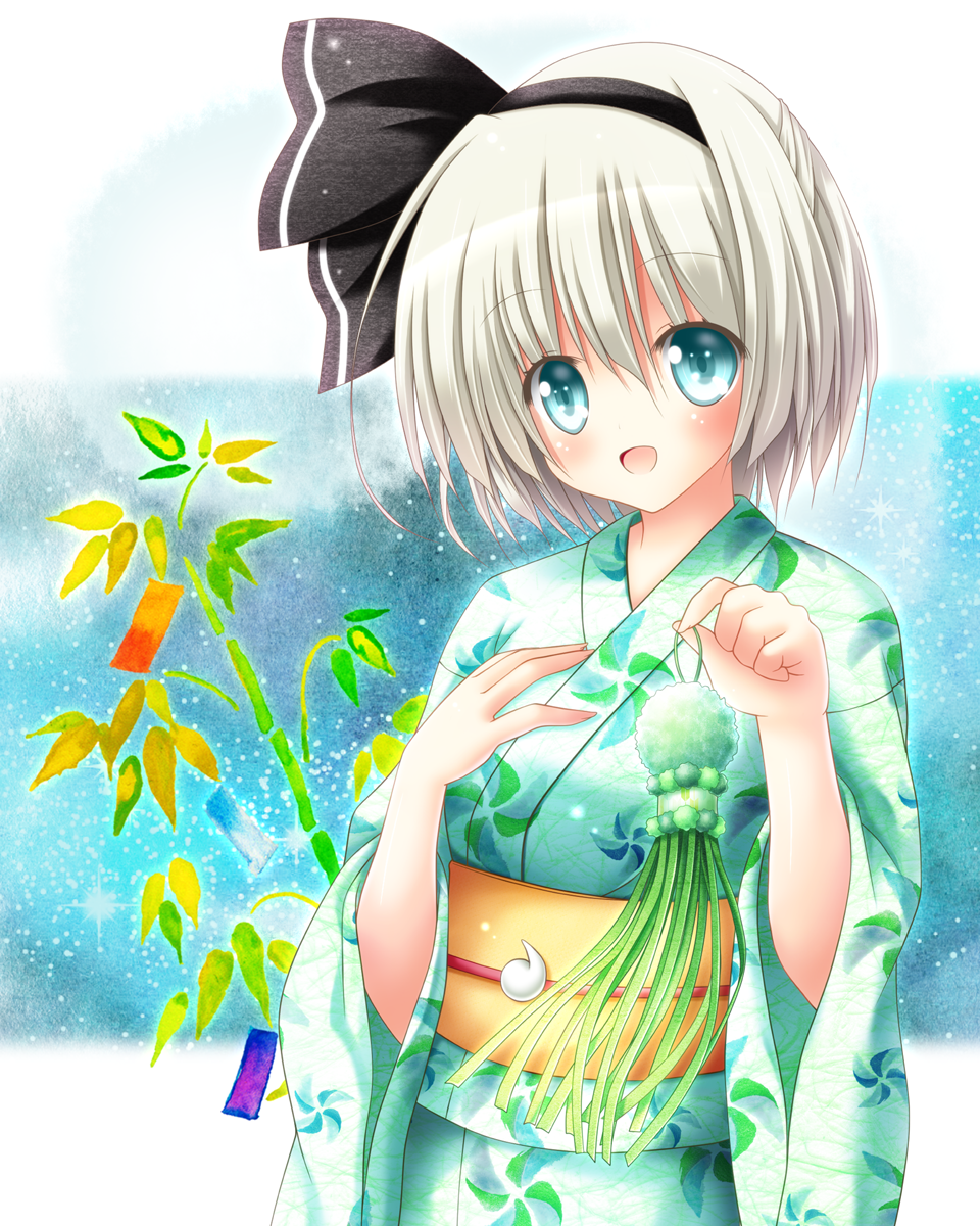 1girl :d aqua_eyes bamboo commentary_request hair_ribbon hairband hand_on_own_chest highres holding japanese_clothes kimono konpaku_youmu looking_at_viewer magatama obi open_mouth osashin_(osada) print_kimono ribbon sash short_hair smile solo tanabata touhou white_hair yukata