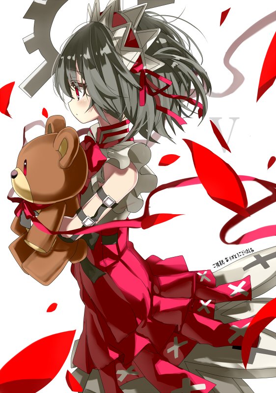 10s 1girl anchor_(clockwork_planet) bangs blush clockwork_planet closed_mouth cowboy_shot doll_hug dress frilled_dress frills from_side grey_hair hairband looking_away petals profile red_dress red_eyes shino_(eefy) solo stuffed_animal stuffed_toy teddy_bear