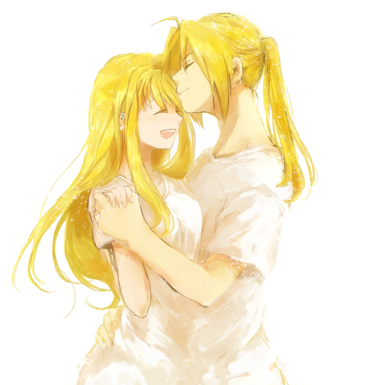 1boy 1girl blonde_hair blush closed_eyes couple earrings edward_elric eyebrows_visible_through_hair forehead_kiss fullmetal_alchemist hand_on_another's_hip hands_together happy hetero jewelry kiss long_hair open_mouth ponytail shirt simple_background smile tsukuda0310 white_background white_shirt winry_rockbell