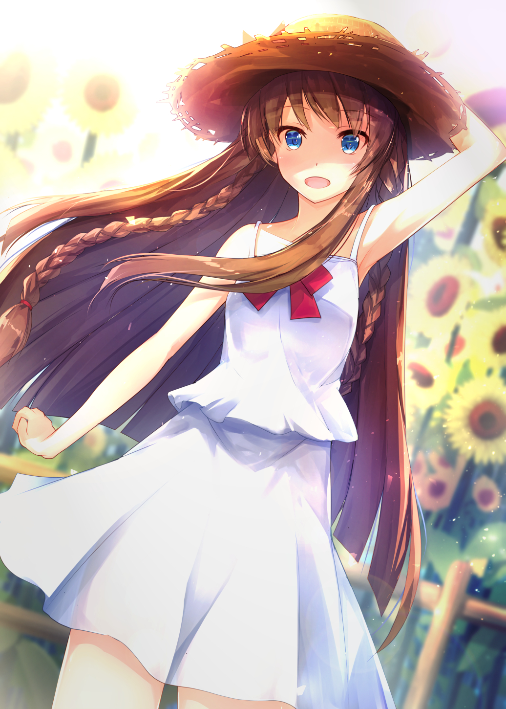 1girl aqua_eyes blue_eyes blurry blush braid brown_hair depth_of_field dress flower hat highres idolmaster idolmaster_million_live! kousaka_umi long_hair looking_at_viewer open_mouth ro_risu smile solo straw_hat sundress sunflower twin_braids