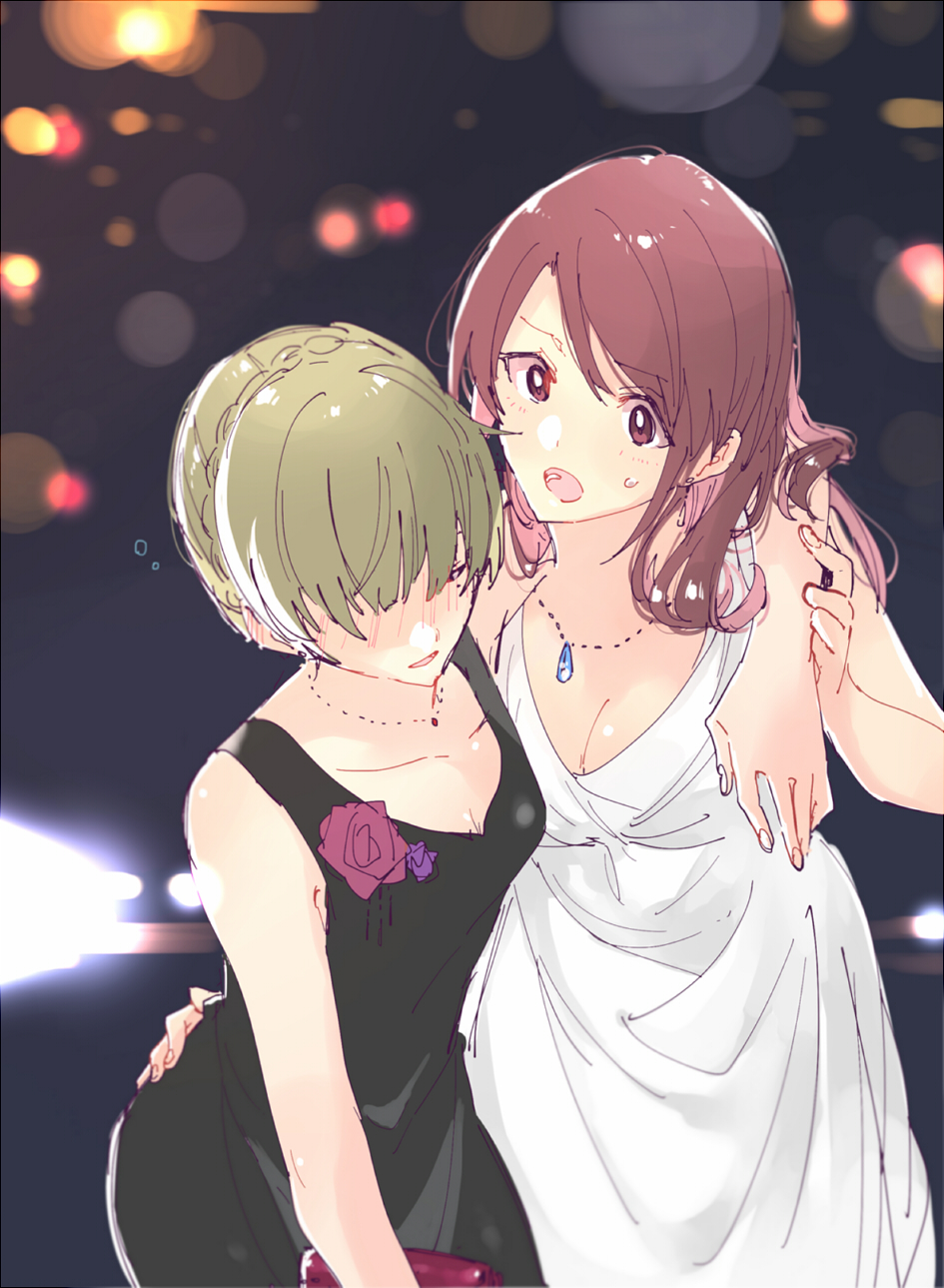 2girls alternate_hairstyle arm_around_shoulder bag black_dress blush braid breasts brown_eyes brown_hair cleavage cowboy_shot dark_background dress drunk eyebrows_visible_through_hair flower green_hair hair_over_eyes handbag highres idolmaster idolmaster_cinderella_girls jewelry lights long_hair mifune_miyu mole mole_under_eye mope multiple_girls necklace open_mouth short_hair standing takagaki_kaede white_dress