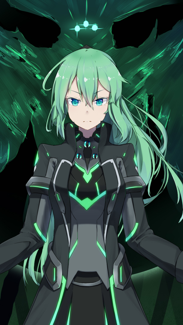 armor blue_eyes coat crota destiny_(game) gloves green_hair kuroda_kuwa neon_trim personification ponytail sword tagme weapon