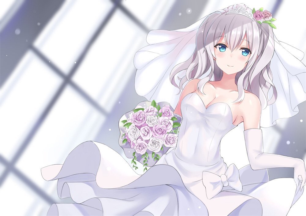 1girl bare_shoulders blue_eyes blush bouquet breasts bridal_veil bride cleavage commentary_request dress elbow_gloves flower gloves hair_flower hair_ornament jewelry kantai_collection kashima_(kantai_collection) long_hair looking_at_viewer nagiha_kuten sidelocks silver_hair smile solo strapless strapless_dress tiara tsurime twintails veil wavy_hair wedding_dress white_dress white_gloves