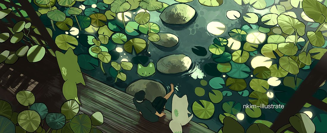 1boy artist_name fox green lily_pad nadia_kim nature original outdoors partially_submerged plant rock scenery sitting sunlight tagme water