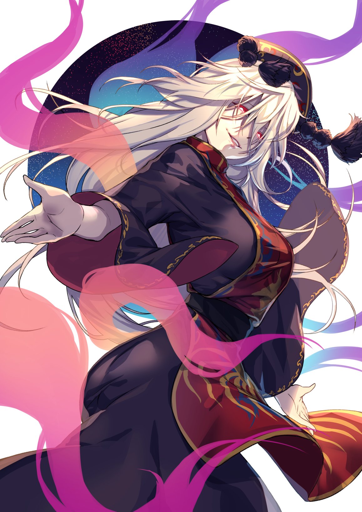 1girl black_dress blonde_hair chinese_clothes cowboy_shot crescent dress energy fox_tail from_side highres junko_(touhou) long_hair long_sleeves looking_at_viewer looking_to_the_side multiple_tails parted_lips red_eyes sash smile solo tabard tail touhou uu_uu_zan very_long_hair wide_sleeves