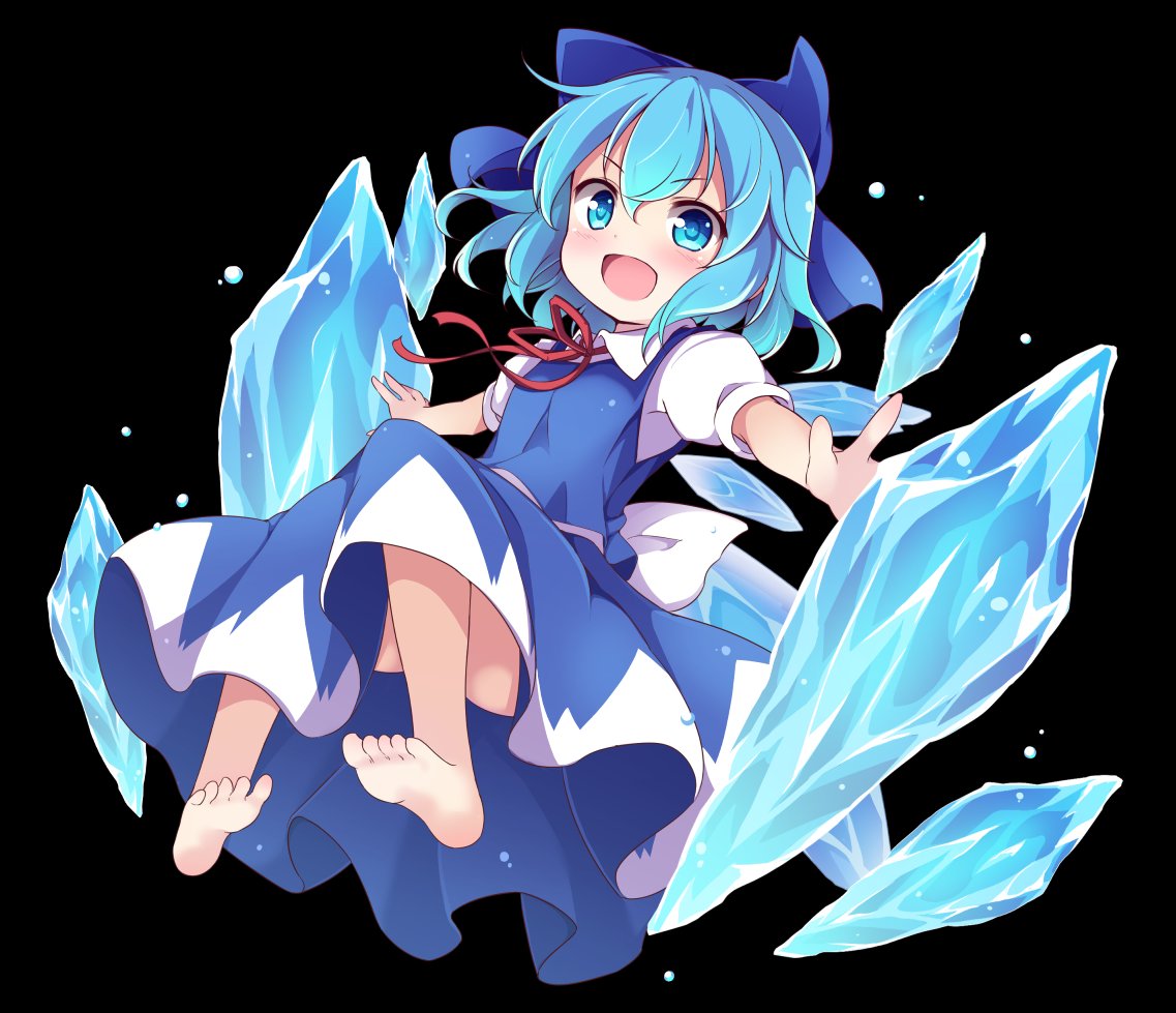 1girl baku_ph barefoot black_background blue_dress blue_eyes blue_hair bow cirno dress feet ice ice_crystal ice_wings open_mouth outstretched_arms ribbon short_hair simple_background smile soles solo toes touhou wings
