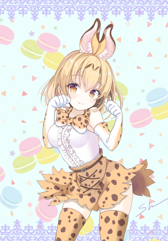 1girl animal_ears blush breasts closed_mouth elbow_gloves eyebrows_visible_through_hair gloves kemono_friends large_breasts looking_at_viewer multicolored multicolored_clothes multicolored_gloves orange_eyes orange_gloves orange_hair orange_legwear orange_skirt serval_(kemono_friends) serval_ears shino_(shinderera) short_hair skirt smile solo thigh-highs white_gloves