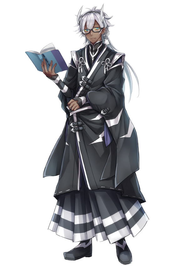 1boy black_shoes blue_eyes book dark_skin dark_skinned_male earrings full_body hairband holding holding_book japanese_clothes jewelry kasuka108 lightning_hair long_hair male_focus open_book personification pokemon shoes solo standing white_hair zebstrika