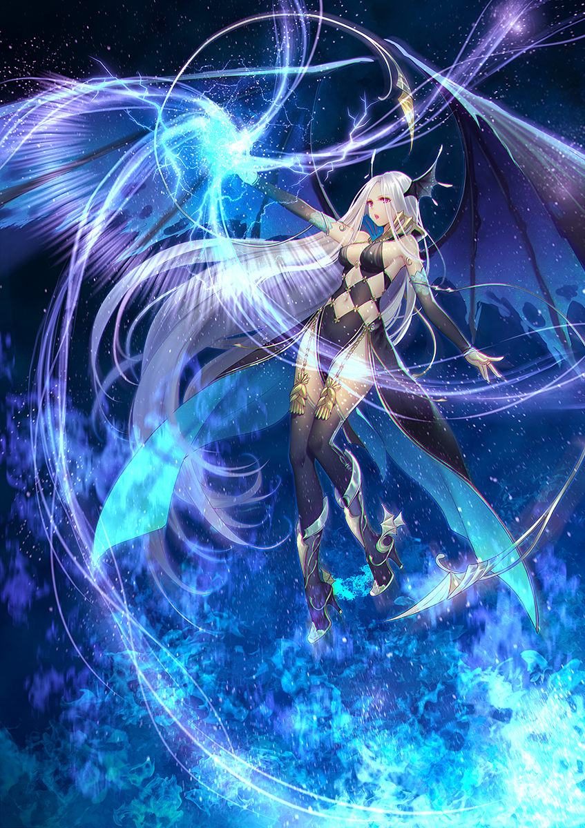 1girl arm_up bible_bullet black_legwear black_wings blue_wings boots breasts demon_wings detached_sleeves floating_hair full_body garter_straps head_wings high_heel_boots high_heels highres knee_boots lightning long_hair looking_at_viewer medium_breasts navel nidhogg_(bible_bullet) official_art open_mouth over-kneehighs pelvic_curtain revealing_clothes sidelocks silver_hair solo thigh-highs tidsean tsurime very_long_hair violet_eyes wings