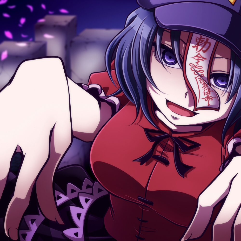 1girl blue_eyes blue_hair blurry blurry_background breasts commentary dress evil_smile graveyard hat jiangshi large_breasts miyako_yoshika ofuda outstretched_arms puffy_sleeves red_dress shaded_face short_hair short_sleeves skirt smile solo tombstone tottsuman touhou upper_body zombie zombie_pose