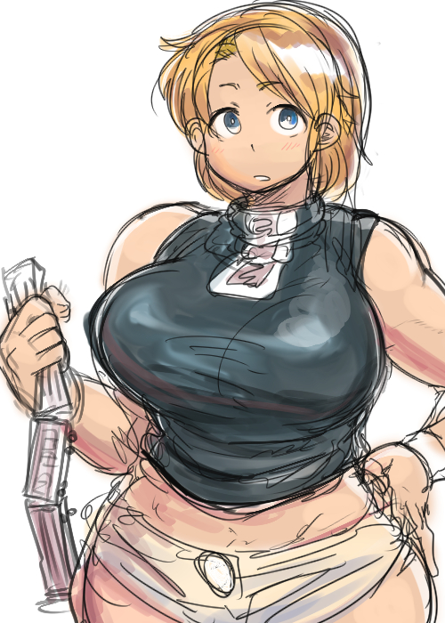 1girl bakugeki_no_g blonde_hair blue_eyes breasts curvy giantess ground_vehicle hand_on_hip hunter_rank_e large_breasts looking_at_viewer original parted_lips short_hair sketch sleeveless solo train wide_hips