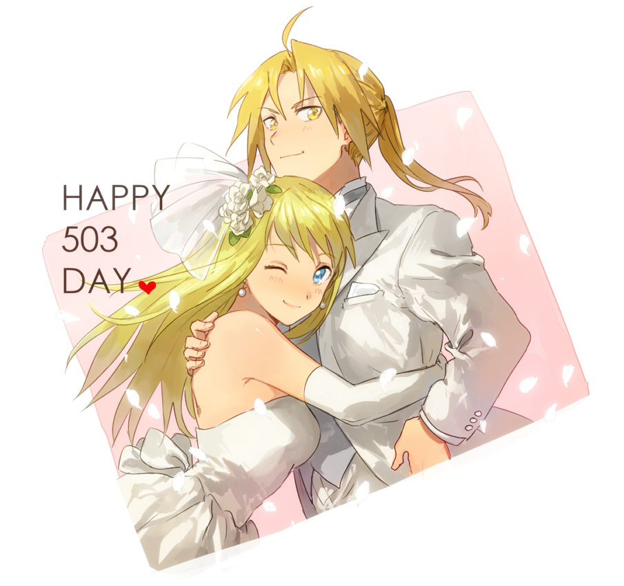 1boy 1girl ;) blonde_hair blue_eyes bridal_veil couple dress edward_elric elbow_gloves eyebrows_visible_through_hair flower formal fullmetal_alchemist gloves hand_on_another's_shoulder hands_on_another's_hips heart hetero hug looking_at_viewer number one_eye_closed pearl_earrings petals pink_background ponytail riru rose simple_background smile suit veil wedding_dress white_background winry_rockbell yellow_eyes