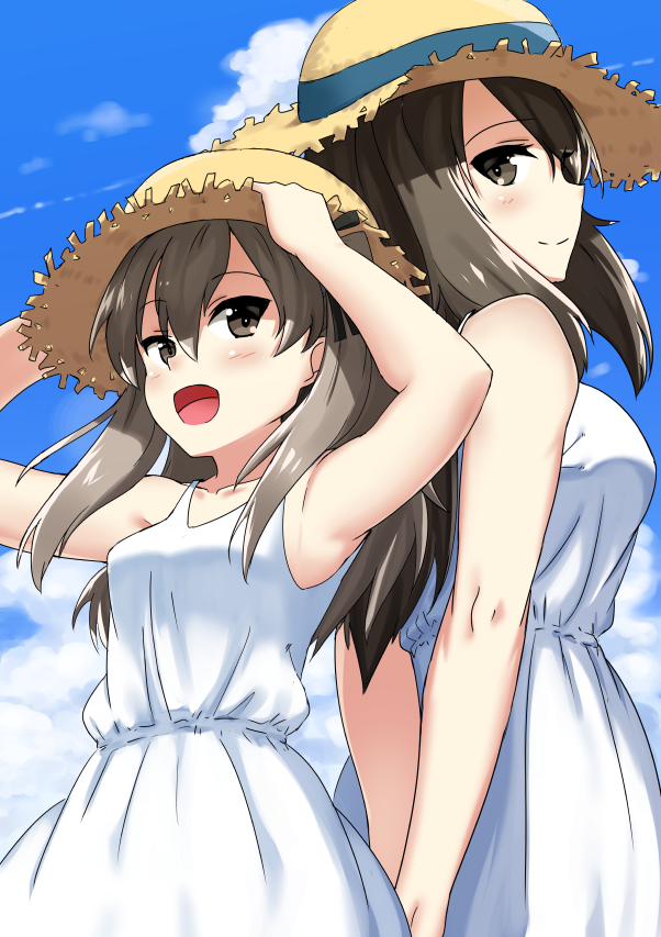 10s 2girls arms_behind_back back-to-back bangs brown_eyes brown_hair closed_mouth clouds cloudy_sky day dress girls_und_panzer hands_on_headwear hat hikyakuashibi light_brown_hair long_hair looking_at_another looking_back mika_(girls_und_panzer) multiple_girls open_mouth outdoors shimada_arisu sky smile standing straw_hat sun_hat sundress upper_body white_dress