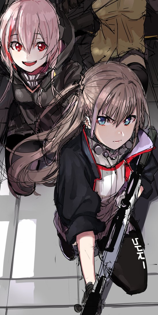 3girls black_legwear blue_eyes brown_hair closed_mouth girls_frontline gun holding holding_gun holding_weapon kneeling long_hair m16a1_(girls_frontline) m4_sopmod_ii_(girls_frontline) military military_uniform multicolored_hair multiple_girls one_knee open_mouth out_of_frame pantyhose pinch_(nesume) pink_hair red_eyes redhead sketch smile st_ar-15_(girls_frontline) streaked_hair uniform weapon