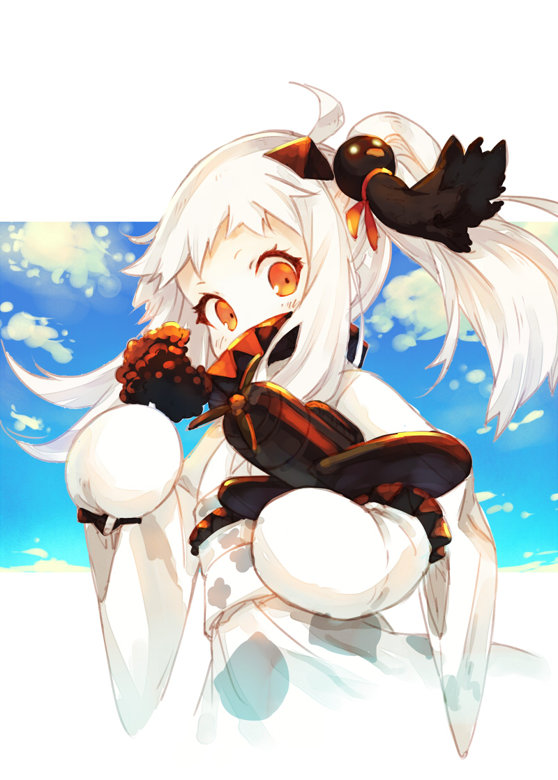 1girl aircraft airplane bracelet collar food horns japanese_clothes jewelry kantai_collection kimono mittens northern_ocean_hime orange_eyes shinkaisei-kan side_ponytail solo spiked_bracelet spiked_collar spikes tamanaga_haru white_hair white_skin