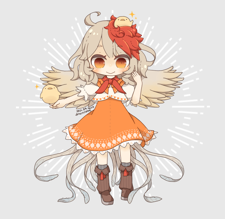 1girl animal_on_head bird bird_on_head bird_tail bird_wings black_legwear blonde_hair brown_footwear brown_legwear chibi chick closed_mouth commentary_request dress feathered_wings frilled_sleeves frills full_body grey_background leg_warmers multicolored_hair niwatari_kutaka on_head one-hour_drawing_challenge orange_dress orange_eyes redhead shirt shoes short_hair tail tail_feathers touhou two-tone_hair white_shirt wings yaco_(nuitnotte) yellow_wings