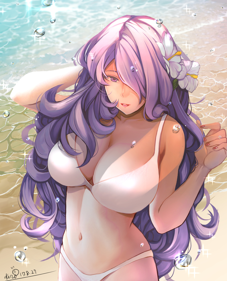 1girl arm_up artist_name bangs beach bikini breasts camilla_(fire_emblem_if) cleavage dated day fire_emblem fire_emblem_if flower hair_flower hair_ornament hair_over_one_eye hand_in_hair hand_up hibiscus kero_sweet large_breasts long_hair looking_at_viewer nail_polish navel ocean outdoors parted_lips purple_hair signature smile solo swimsuit upper_body water_drop wavy_hair white_bikini white_flower