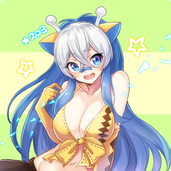 :d animal_ears antennae bandaid bandaid_on_nose blue_eyes blue_hair breasts girafarig groin kasuka108 large_breasts long_hair looking_at_viewer midriff multicolored_hair navel open_mouth personification pokemon smile two-tone_hair white_hair