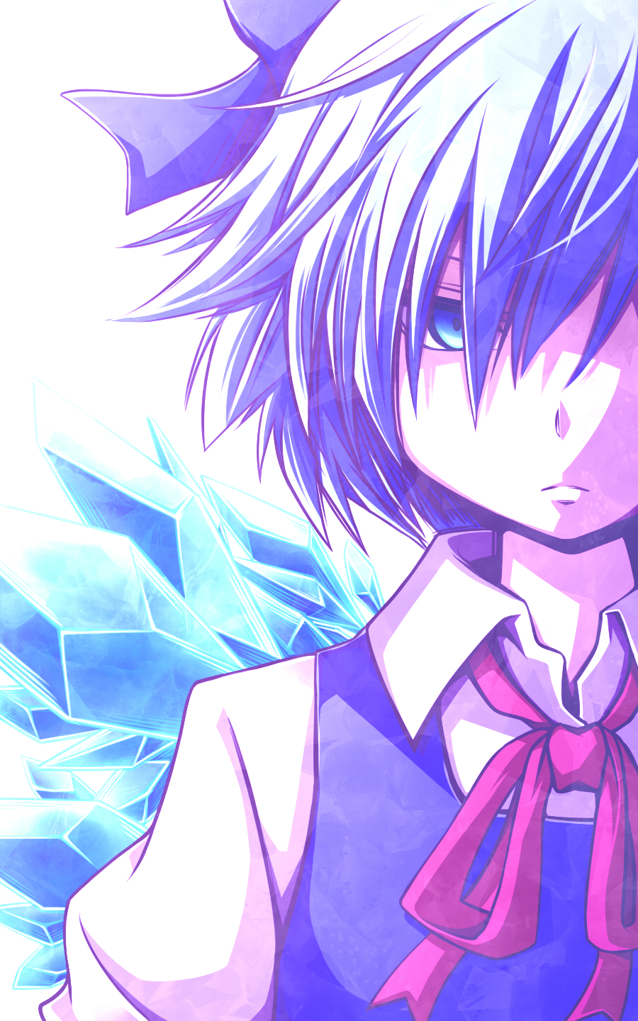 &gt;:( 1girl bangs blue blue_dress blue_eyes blue_hair blue_ribbon cirno close-up commentary_request dress frown hair_over_one_eye hair_ribbon highres ice ribbon shirt short_hair simple_background solo tottsuman touhou white_background white_shirt