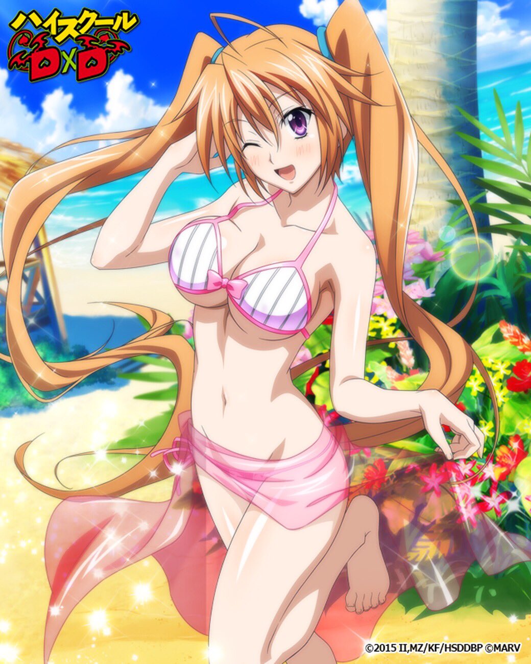 1girl 2015 ;) artist_request beach blonde_hair blush breasts chess_piece company_name copyright_name erect_nipples halter_top halterneck high_school_dxd highres large_breasts long_hair ocean official_art one_eye_closed sand see-through shidou_irina smile solo sparkle swimsuit twintails violet_eyes