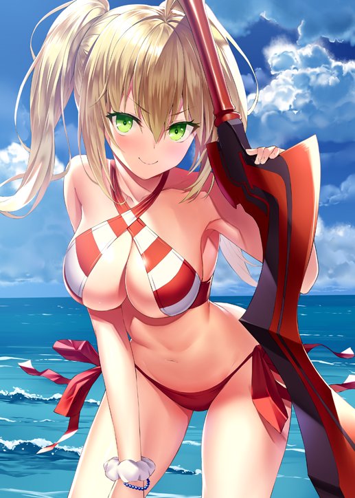 &gt;:) 10s ahoge arched_back bangs bare_shoulders beach bead_bracelet beads bikini blonde_hair blue_sky blush bracelet breasts cleavage clouds cloudy_sky collarbone fate/extra fate/grand_order fate_(series) green_eyes halterneck hand_on_own_thigh heirou hips holding holding_sword holding_weapon jewelry large_breasts leaning_forward long_hair looking_at_viewer navel nero_claudius_(swimsuit_caster)_(fate) ocean outdoors red_bikini saber_extra scrunchie side-tie_bottom sideboob sky smile striped striped_bikini swimsuit sword thighs twintails waist weapon