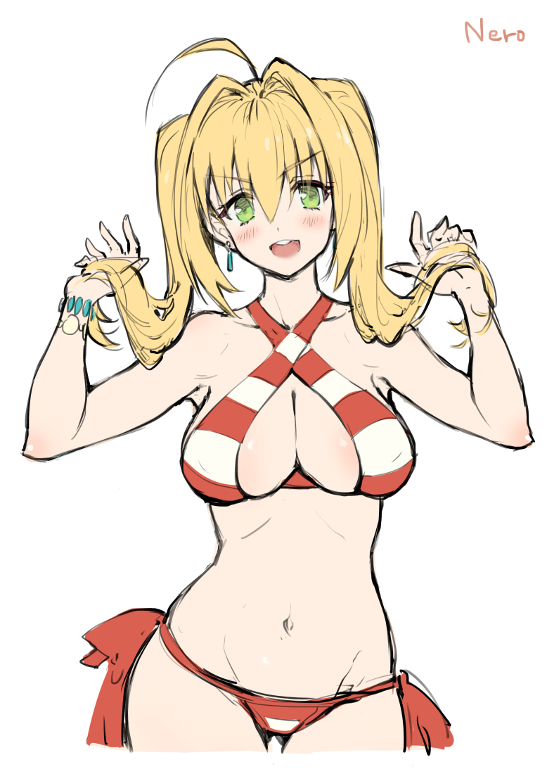 &gt;:d 10s :d ahoge bangs bikini blonde_hair blush bow bracelet breasts character_name cleavage collarbone commentary_request earrings fate/extra fate/grand_order fate_(series) green_eyes hair_intakes halterneck hands_up haoni hips holding holding_hair jewelry long_hair looking_at_viewer navel nero_claudius_(swimsuit_caster)_(fate) open_mouth red_bikini red_bow saber_extra side-tie_bottom simple_background smile striped striped_bikini swimsuit teeth twintails waist white_background