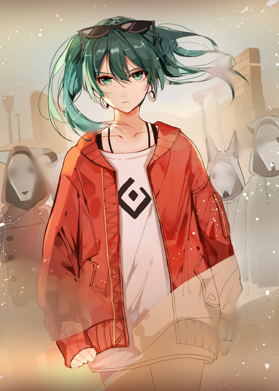1girl bangs closed_mouth cowboy_shot dust earrings eyebrows_visible_through_hair green_eyes green_hair hair_between_eyes hatsune_miku highres hoop_earrings jacket jewelry long_hair looking_at_viewer mask naru_(ul) outdoors red_jacket shirt sleeves_past_wrists solo spaghetti_strap standing suna_no_wakusei_(vocaloid) sunglasses sunglasses_on_head tsurime twintails vocaloid walking white_shirt
