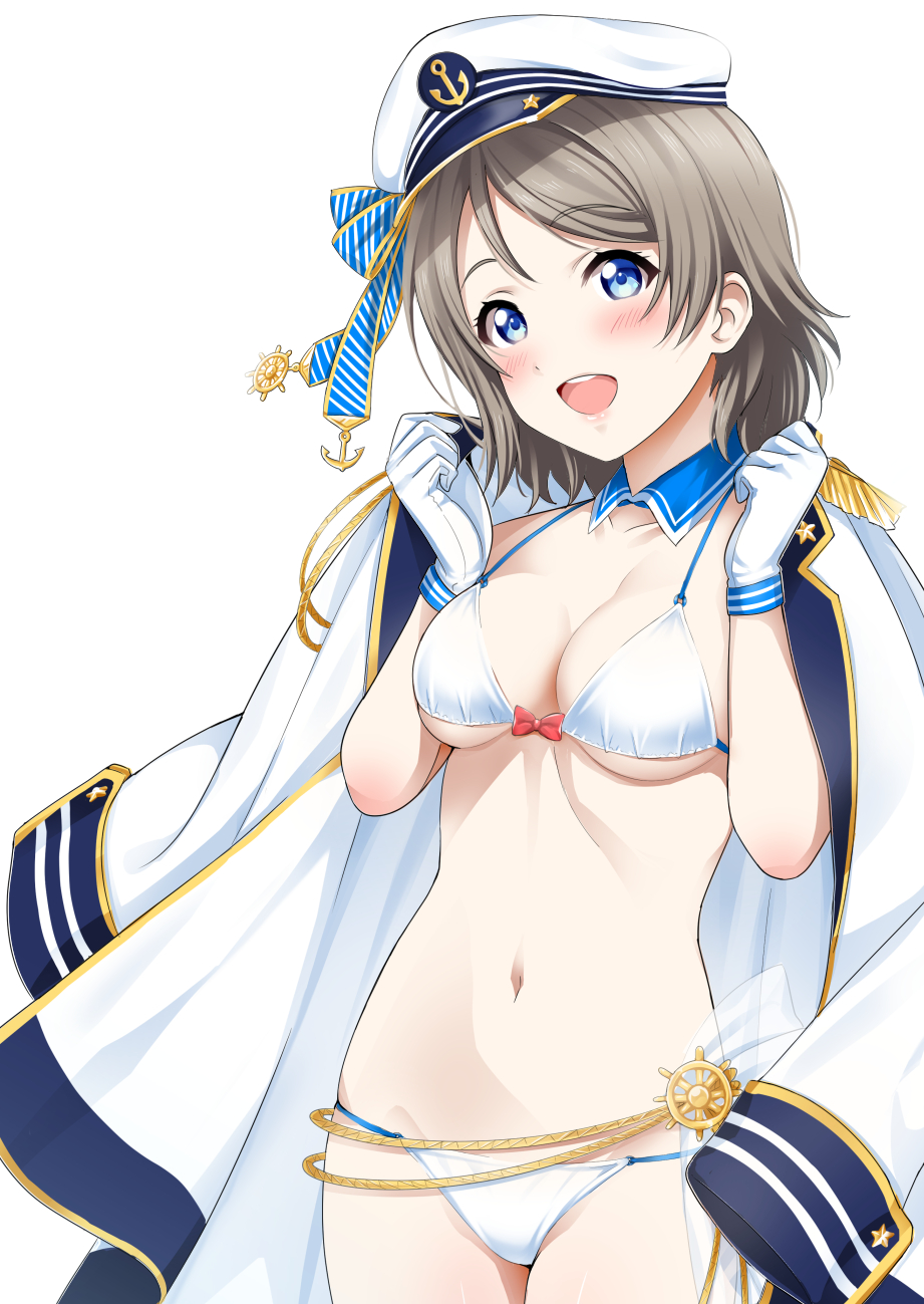 1girl :d bad_id bad_pixiv_id bikini blue_eyes blush breasts brown_hair cleavage cowboy_shot detached_collar epaulettes gloves hat highres jacket_on_shoulders love_live! love_live!_sunshine!! medium_breasts navel open_mouth rozen5 short_hair simple_background smile solo swimsuit watanabe_you white_background white_bikini white_gloves