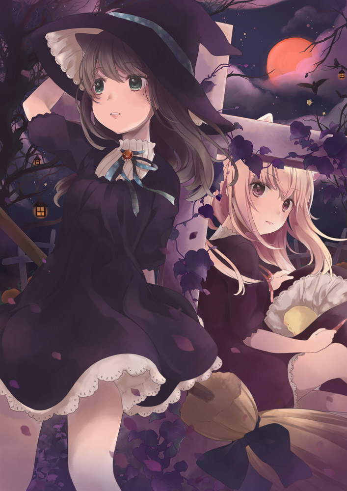 2girls bangs black_dress black_hair blonde_hair clouds cloudy_sky commentary cross dot_nose dress fan green_eyes halloween hand_on_headwear lantern looking_at_viewer looking_away millcutto mole mole_under_eye moon multiple_girls night night_sky original parted_lips red_moon sky standing tree