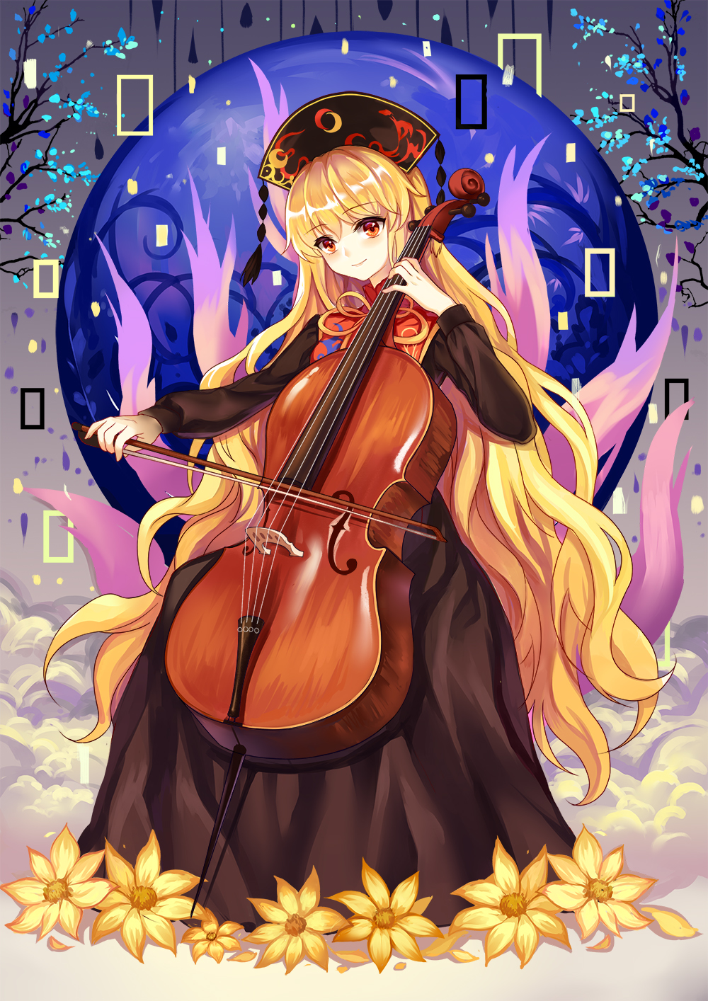 1girl bangs black_dress black_hat blonde_hair cello closed_mouth crescent dress energy hat highres instrument junko_(touhou) long_hair long_sleeves looking_at_viewer mirror_(xilu4) orange_eyes smile solo standing tabard tassel touhou very_long_hair violin wavy_hair yellow_flower