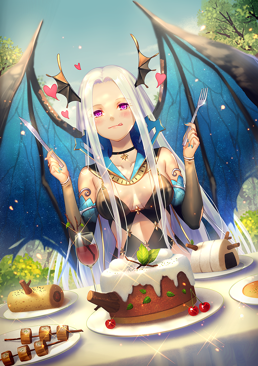 1girl :q aqua_nails bible_bullet black_wings blue_wings blush breasts cake closed_mouth collarbone cup day demon_wings detached_sleeves drinking_glass dutch_angle food forehead fork half-closed_eyes hands_up head_wings heart highres holding holding_fork holding_knife kebab knife long_hair medium_breasts nail_polish nidhogg_(bible_bullet) official_art outdoors sidelocks silver_hair sitting solo sparkle table tidsean tongue tongue_out tsurime very_long_hair violet_eyes wine_glass wings