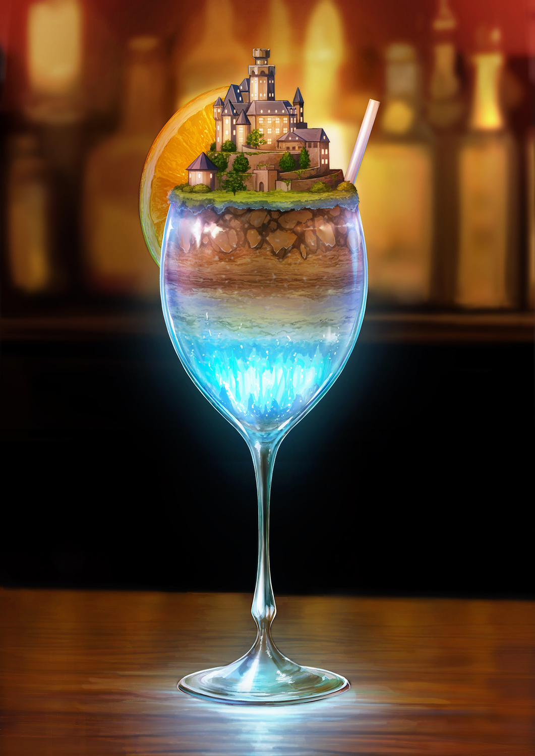 castle cup drink drinking_glass drinking_straw food fruit glass highres no_humans orange orange_slice table wine_glass yumemizuki