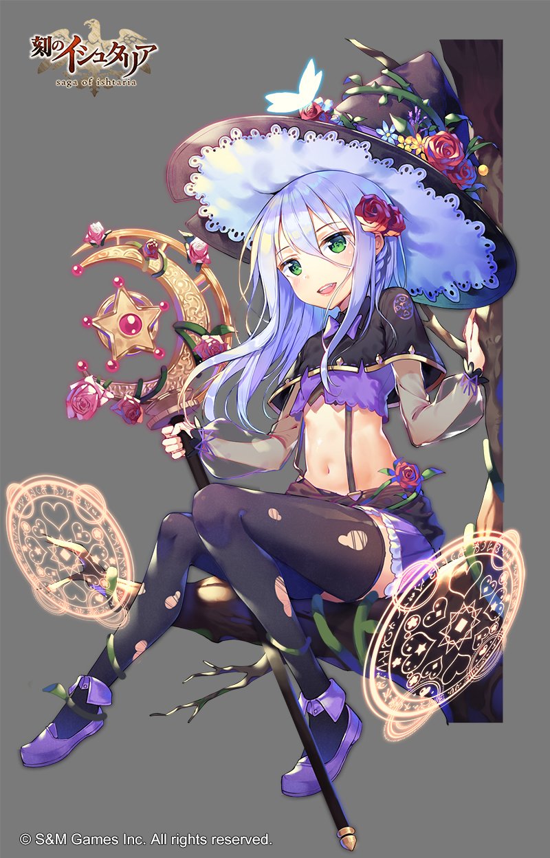 1girl black_hat black_legwear blush company_name copyright_request eyebrows_visible_through_hair fangs green_eyes hat highres holding holding_staff long_hair looking_at_viewer navel parted_lips shoonear silver_hair smile solo staff teeth thigh-highs torn_clothes torn_thighhighs witch_hat