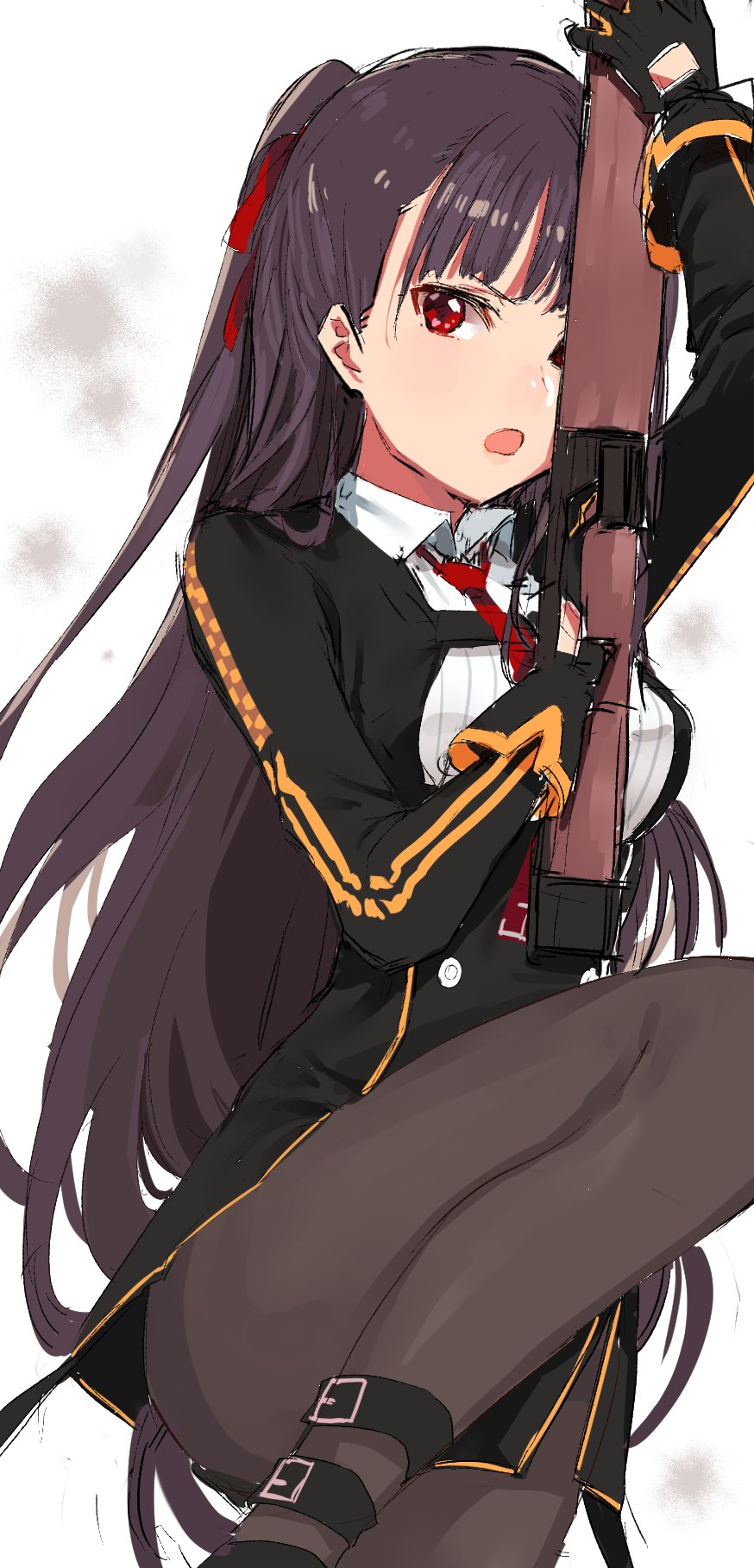 &gt;:o 1girl :o bangs black_gloves black_hair black_legwear black_skirt bullpup girls_frontline gloves gun hair_ribbon high-waist_skirt highres holding holding_gun holding_weapon jacket knee_up long_hair looking_at_viewer military military_uniform one_side_up open_clothes open_jacket open_mouth pantyhose pinch_(nesume) red_eyes red_ribbon ribbon rifle skirt sniper_rifle solo suspenders uniform wa2000_(girls_frontline) walther walther_wa_2000 weapon