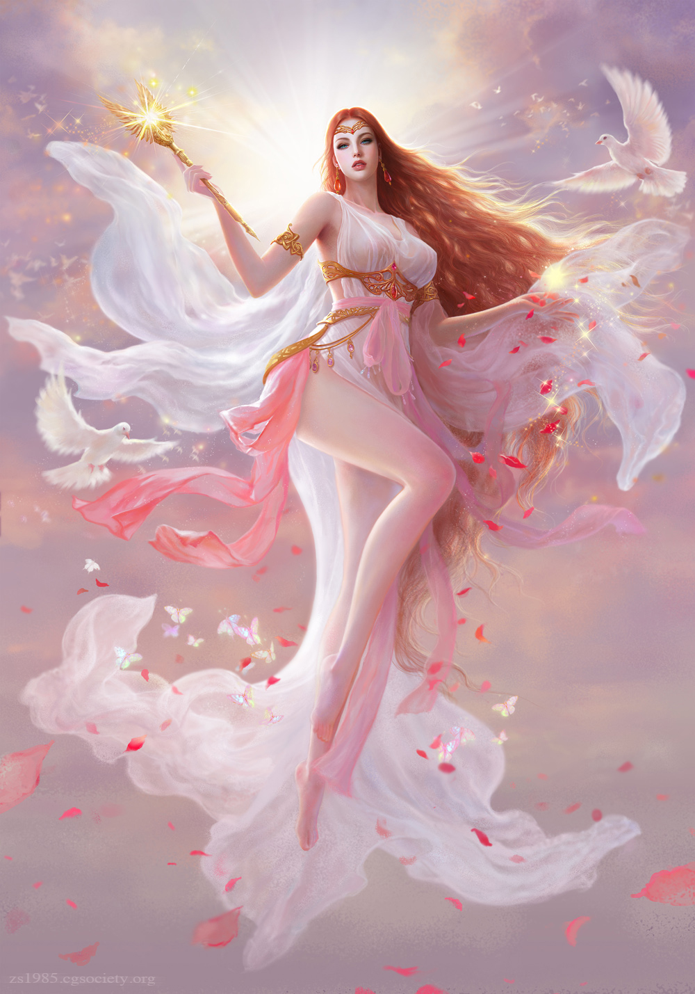 1girl armlet bare_legs bare_shoulders barefoot bird blue_eyes breasts brown_hair clouds dove dress earrings fingernails flying gem highres holding jewelry large_breasts leg_up light light_rays long_hair looking_at_viewer magic original outdoors parted_lips petals realistic red_ribbon ribbon ruoxin_zhang scepter see-through sleeveless sleeveless_dress solo sun tiara very_long_hair watermark wavy_hair web_address white_dress