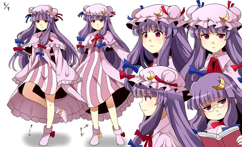 1girl bangs blue_bow blunt_bangs book bow capelet commentary_request crescent crescent_hair_ornament dated double_bun dress glasses hair_bow hair_ornament hat holding holding_book long_hair looking_at_viewer mob_cap multiple_views patchouli_knowledge pince-nez purple_dress purple_hair purple_hat red_bow red_eyes sameya simple_background standing striped striped_dress touhou white_background