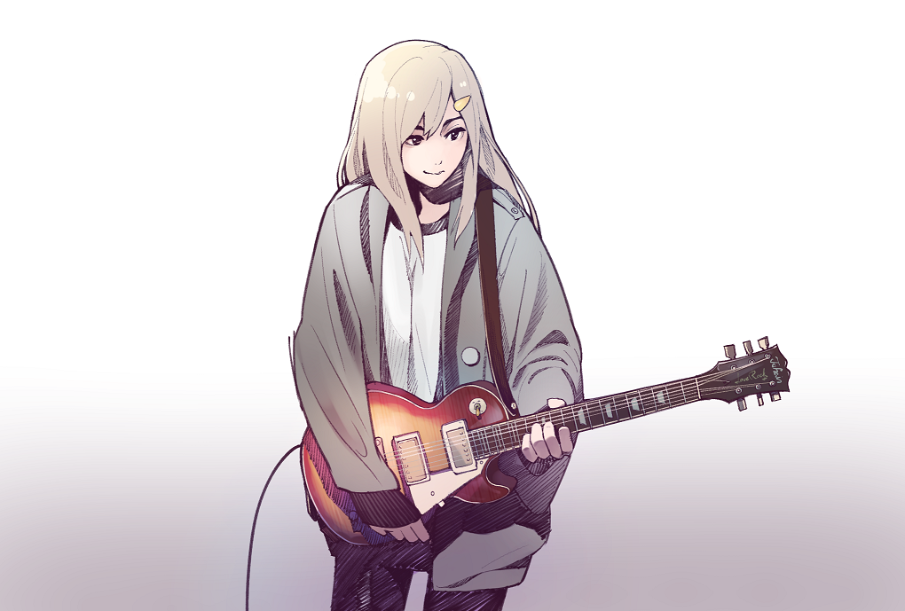 1girl black_hair blonde_hair commentary_request cowboy_shot electric_guitar gradient gradient_background grey_background guitar hair_ornament hairclip holding holding_instrument instrument jacket kamameshi_gougoumaru long_hair long_sleeves looking_to_the_side loose_clothes music open_clothes open_jacket playing_instrument shirt smile solo white_background white_shirt