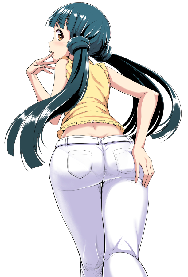 1girl ass blue_hair blush brown_eyes butt_crack dan_(orange_train) idolmaster idolmaster_million_live! kitakami_reika long_hair looking_back pants profile solo twintails white_pants