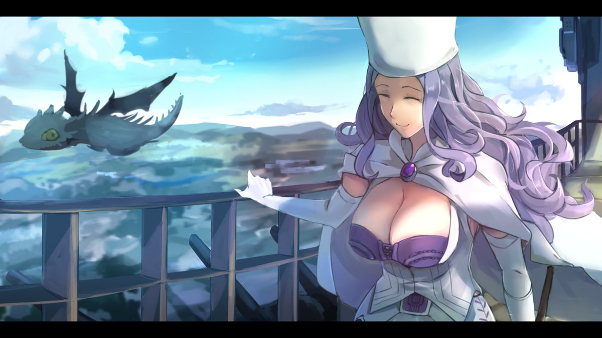 1girl ^_^ airship belinda blue_sky breasts cape cleavage closed_eyes closed_mouth day dragon elbow_gloves gloves hat hsin large_breasts lavender_hair letterboxed long_hair sky smile unlight upper_body wavy_hair white_gloves