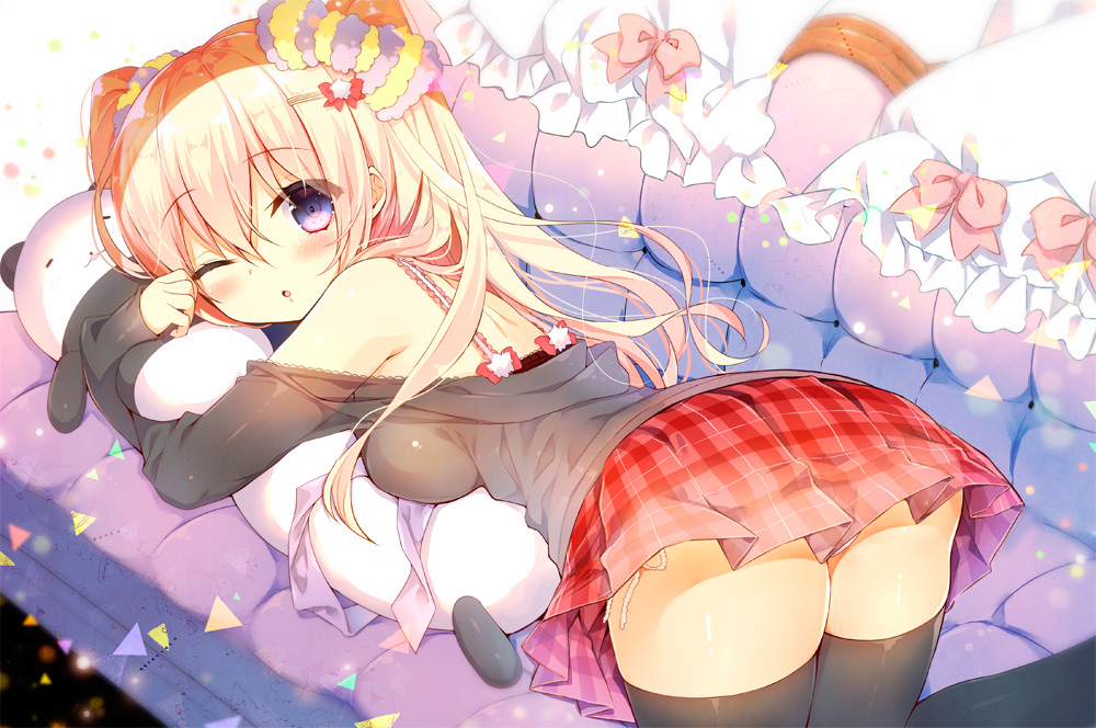 1girl ass bangs black_legwear blonde_hair blush bow couch dakimakura_(object) eyebrows_visible_through_hair hair_between_eyes hair_bow hair_ornament hairclip long_hair long_sleeves looking_at_viewer looking_back lying off_shoulder on_couch on_stomach one_eye_closed original parted_lips pillow pillow_hug plaid plaid_skirt pleated_skirt red_skirt skirt solo spaghetti_strap thigh-highs thighs two_side_up violet_eyes yadapot