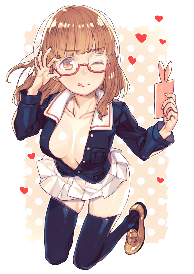 10s 1girl ;p adjusting_glasses bangs bent_over black_legwear blunt_bangs blush breasts brown_eyes brown_hair cellphone center_opening cleavage collarbone from_above full_body girls_und_panzer glasses heart kneeling large_breasts loafers nail_polish no_bra one_eye_closed ooarai_military_uniform open_clothes open_shirt phone red-framed_eyewear school_uniform self_shot semi-rimless_glasses shirt shoes skindentation skirt solo subachi takebe_saori thigh-highs thighs tongue tongue_out under-rim_glasses white_skirt