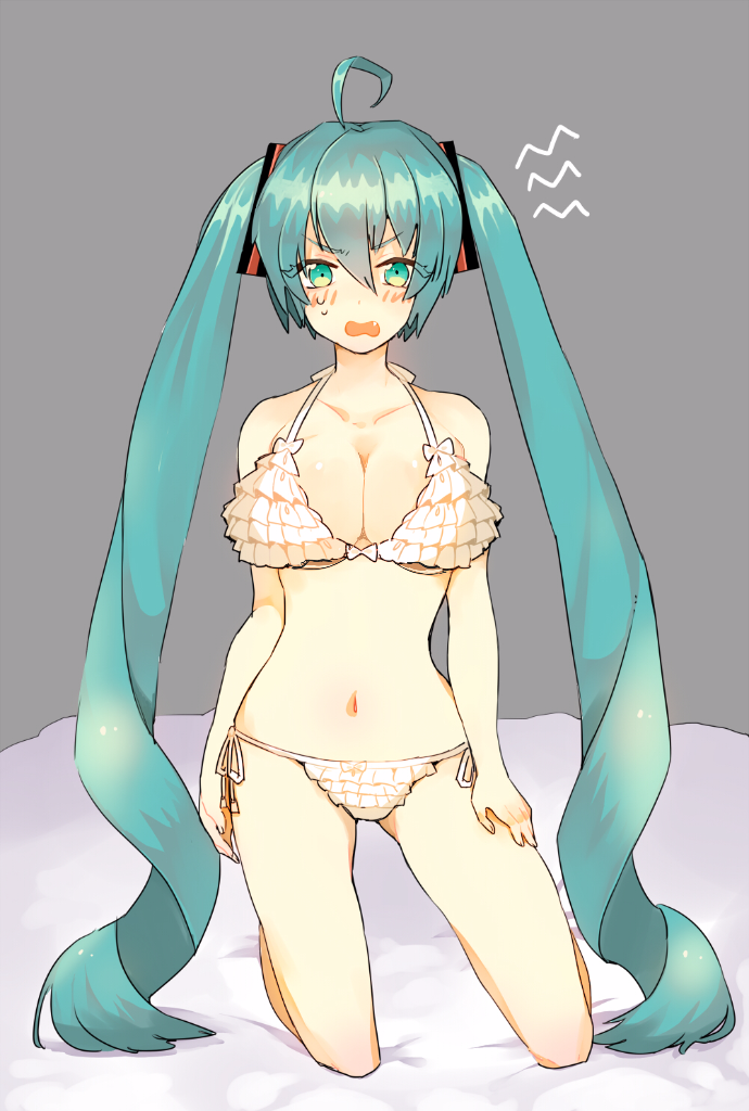 1girl ahoge aqua_eyes aqua_hair bikini blush breasts cleavage contrapposto fang frilled_bikini frills hair_ornament hand_on_own_thigh hatsune_miku ichi001 kneeling large_breasts long_hair looking_at_viewer navel open_mouth side-tie_bikini solo swimsuit twintails very_long_hair vocaloid wavy_mouth