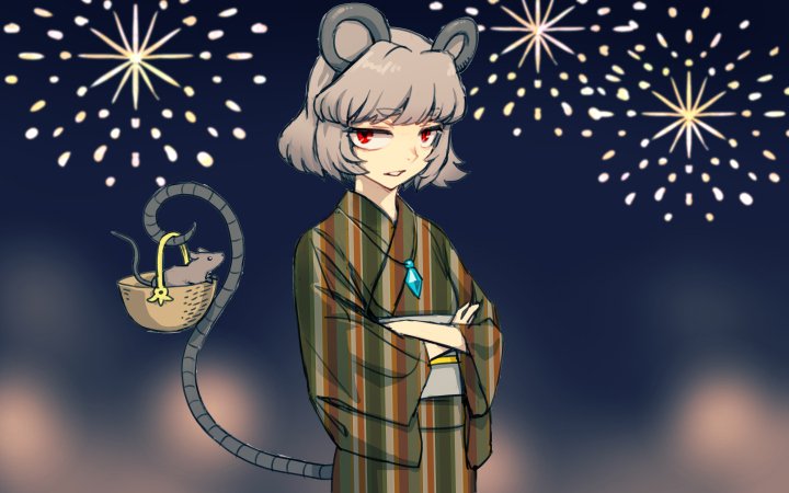 1girl alternate_costume animal animal_ears basket crossed_arms fireworks grey_hair japanese_clothes jewelry kimono looking_at_viewer meitei mouse mouse_ears mouse_tail nazrin pendant red_eyes short_hair solo tail touhou yukata