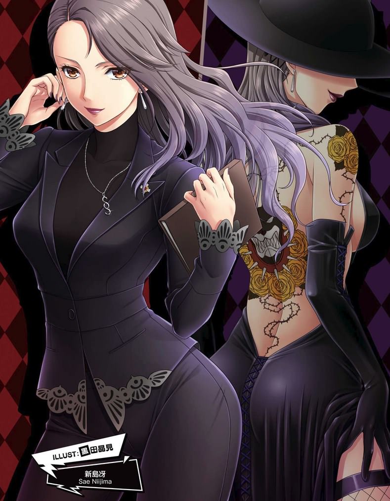 ass back_tattoo black_dress black_gloves brown_hair butt_crack dress dual_persona elbow_gloves fishnet_legwear fishnets formal gloves hat hat_over_eyes jewelry kuroda_akimi lipstick long_hair looking_at_viewer makeup nail_polish necklace niijima_sae open-back_dress persona persona_5 shadow_(persona) smile spoilers tattoo thigh-highs